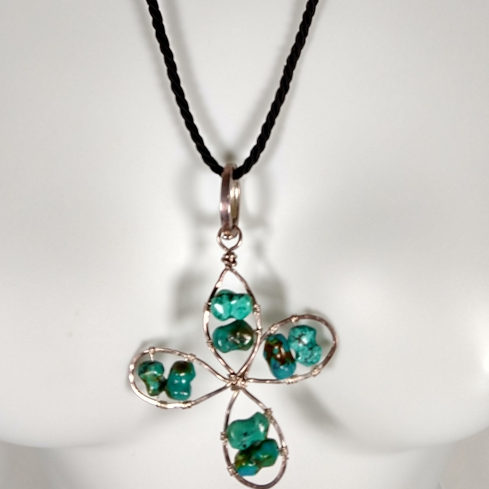 Handcrafted chunk Turquoise wire clover pendant on cord